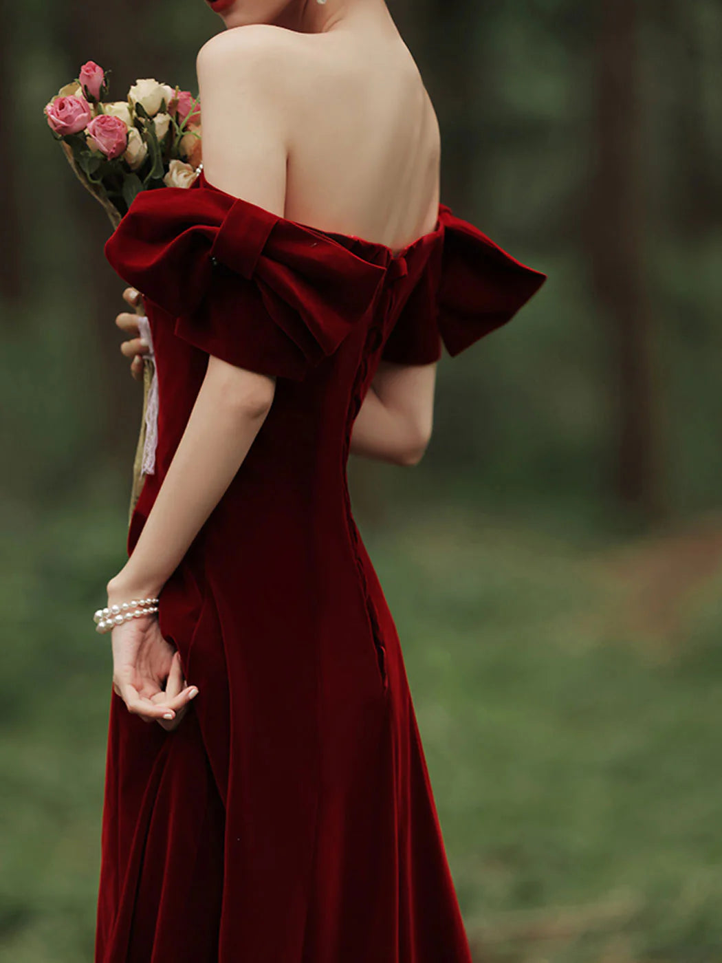 Velvet A Line Burgundy Off-the-Shoulder Floor Length Prom Dress